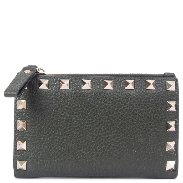 VALENTINO green leather ROCKSTUD Zip Coin Purse Wallet Sale at 1stDibs