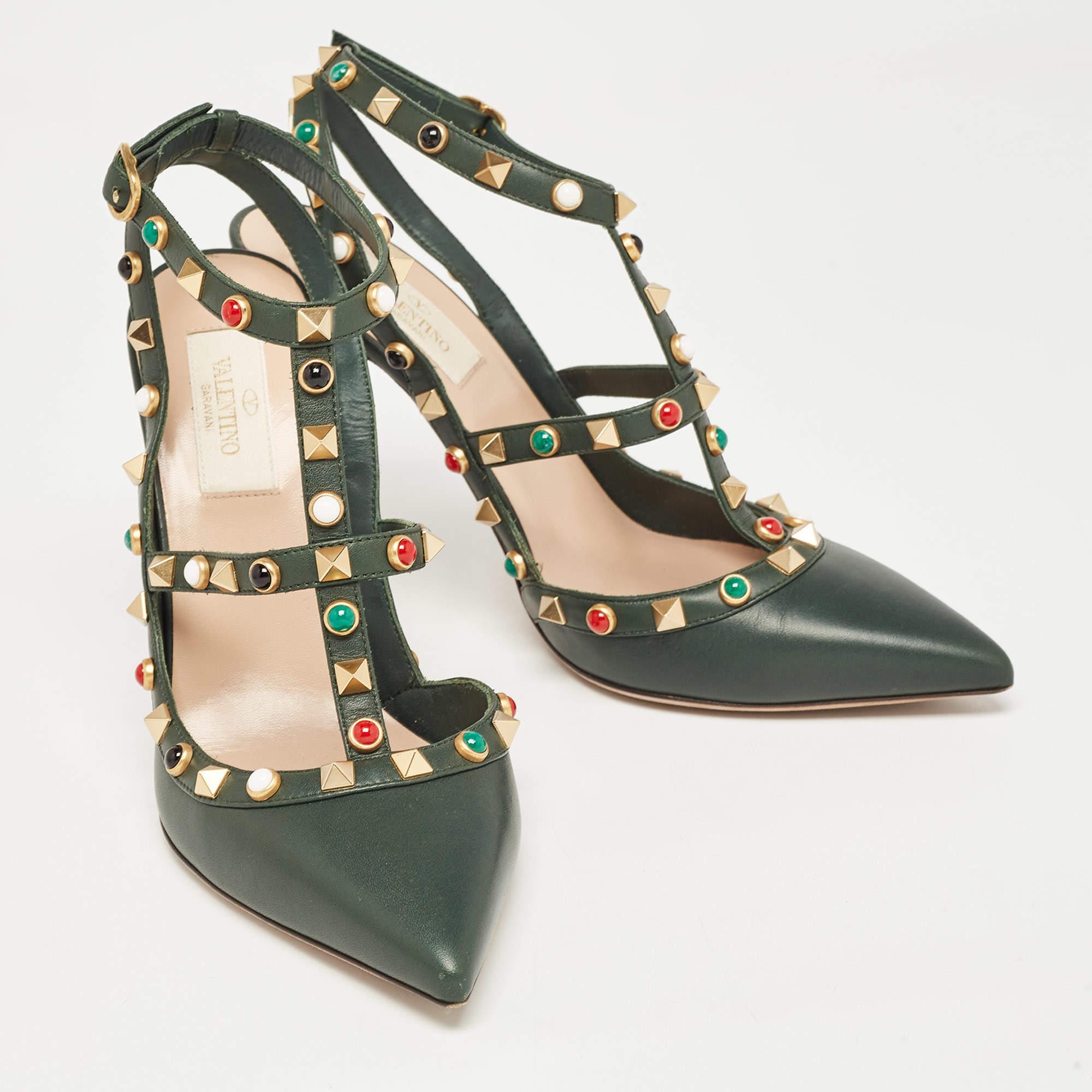 Women's Valentino Green Leather Rolling Rockstud Ankle Strap Pumps Size 38.5