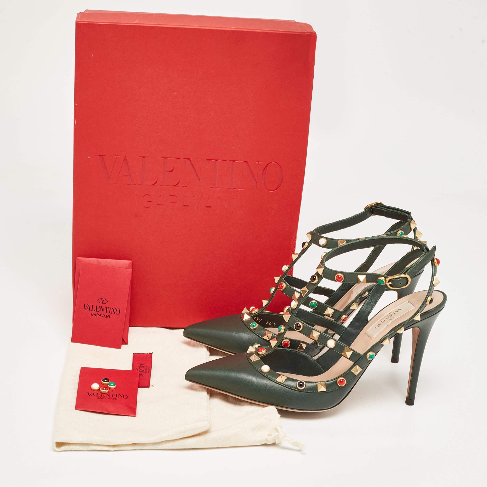 Valentino Green Leather Rolling Rockstud Ankle Strap Pumps Size 38.5 5