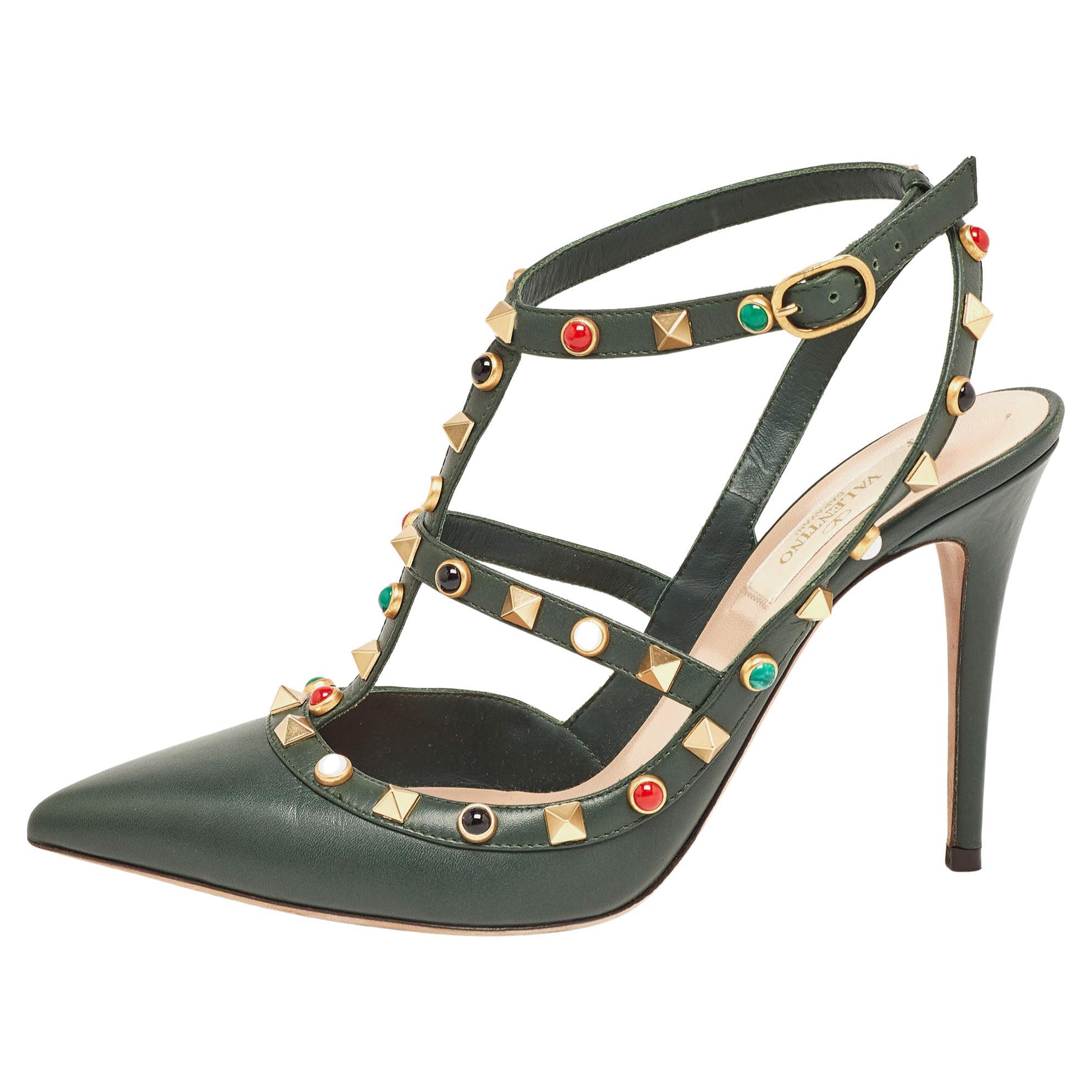 Valentino Green Leather Rolling Rockstud Ankle Strap Pumps Size 38.5