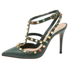 Valentino Grüne Rolling Rockstud-Sandalen aus Leder mit Knöchelriemen Größe 36,5