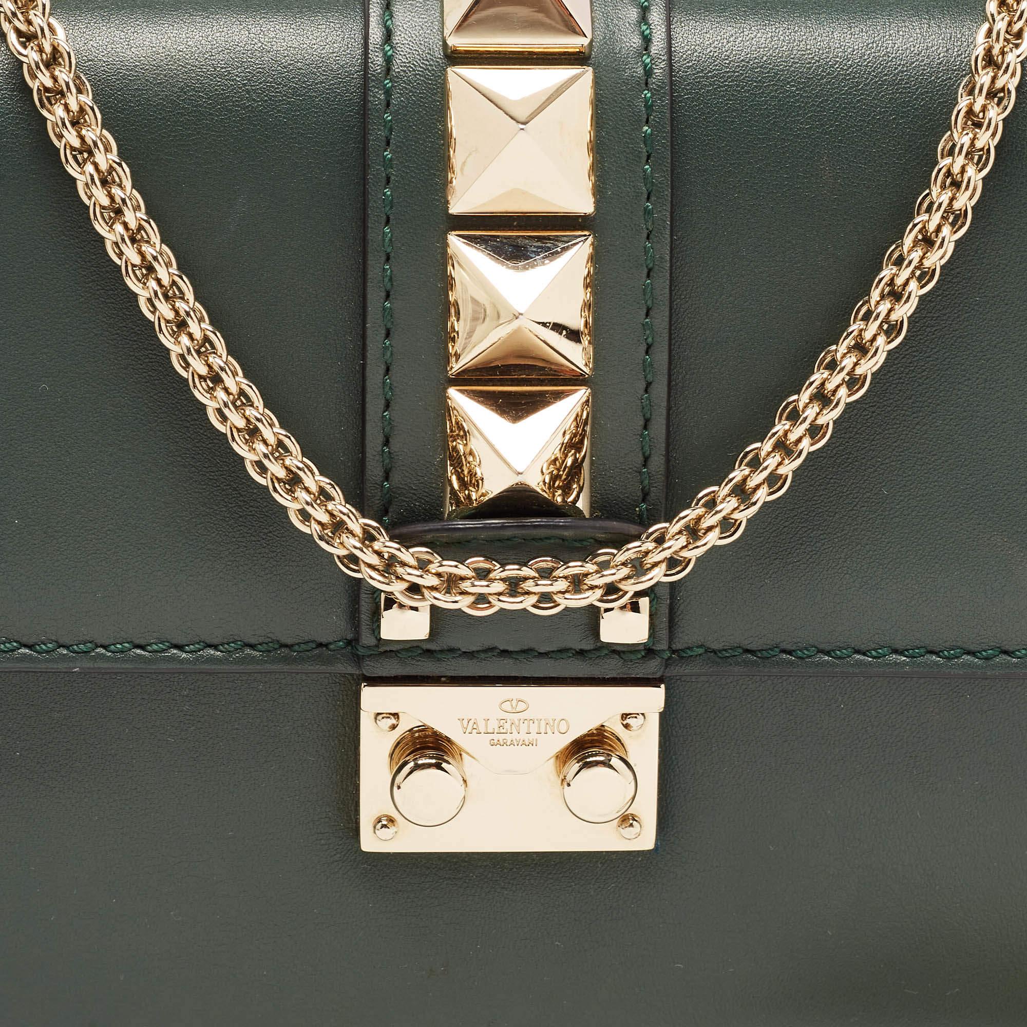 Valentino Green Leather Small Rockstud Glam Lock Flap Bag 13