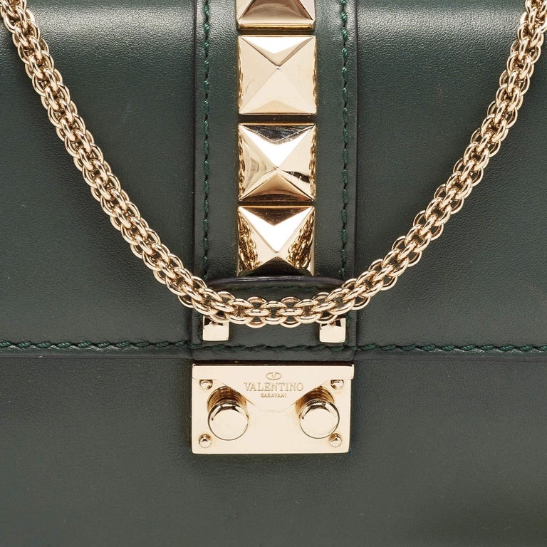 Valentino Green Leather Small Rockstud Glam Lock Flap Bag For Sale