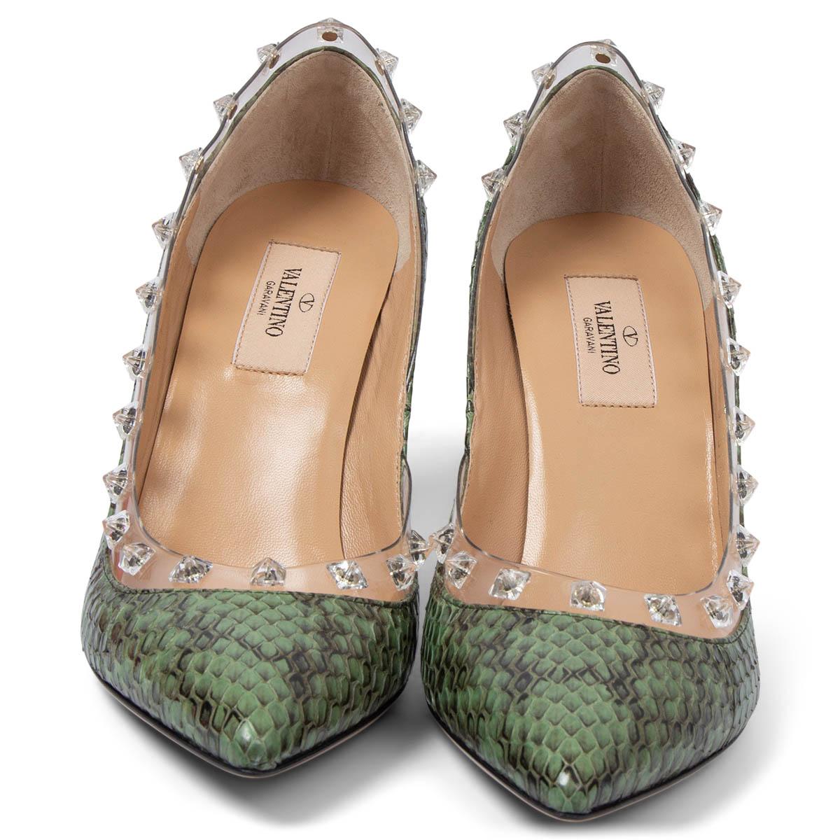 100% authentic Valentino Garavani Rockstud pointed-toe pumps in mint and black python featuring PVC trim and heel with clear Rockstuds. Brand new. Come with dust bag. 

Measurements
Imprinted Size	37.5
Shoe Size	37.5
Inside Sole	24.5cm