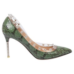 Used VALENTINO green NAKED ROCKSTUD PVC & PYTHON Pumps Shoes 37.5