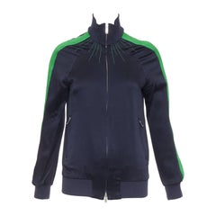 VALENTINO green navy crepe pleated stripe detail zip-Up track jacket IT38 XS