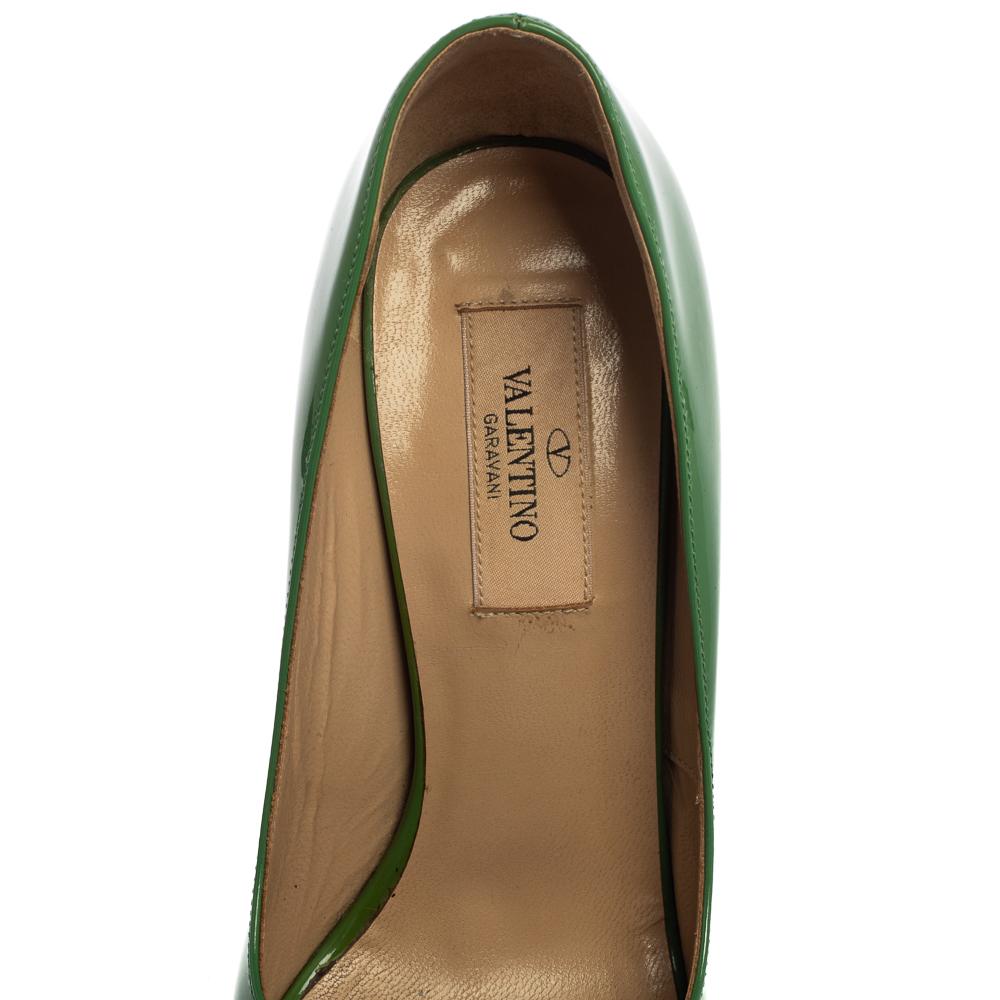 Women's Valentino Green Patent Leather Couture Bow Peep Toe Platform Pumps Size 37