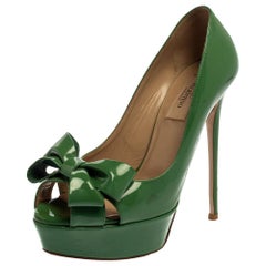 Valentino Green Patent Leather Couture Bow Peep Toe Platform Pumps Size 37