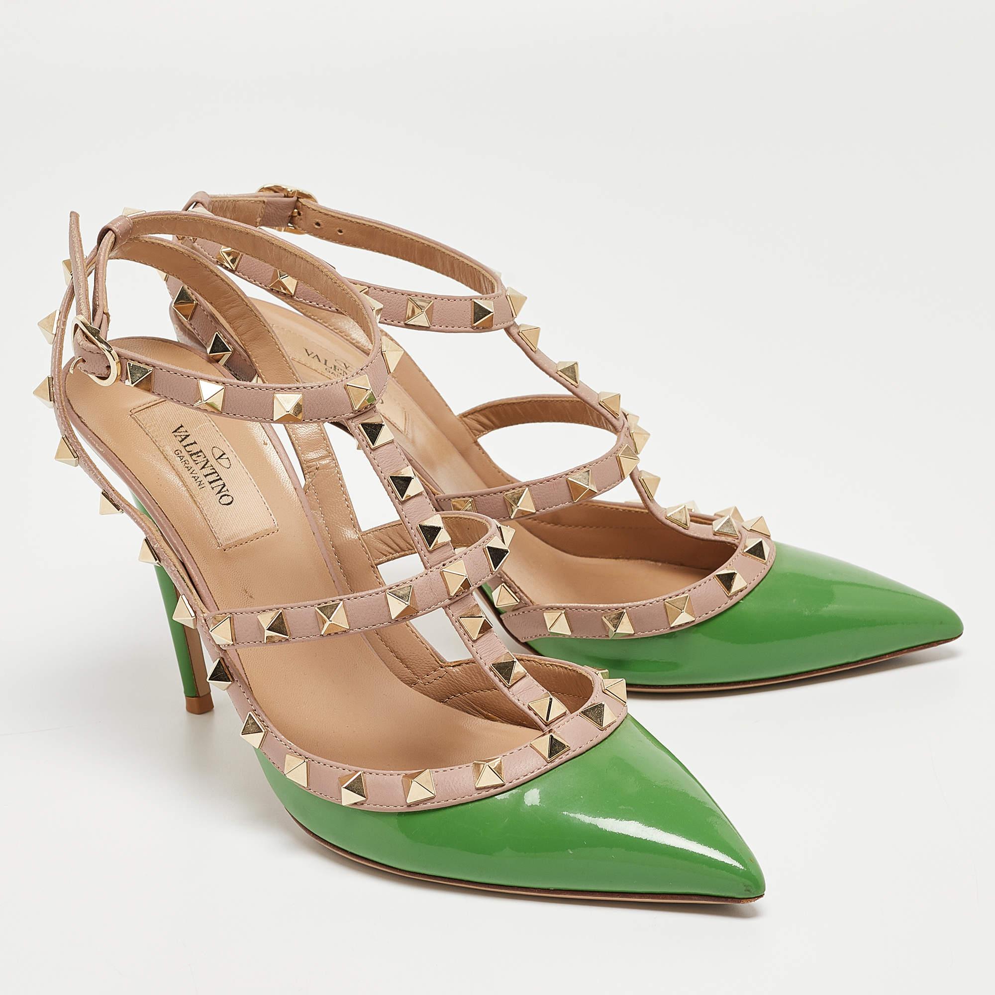 Brown Valentino Green Patent Leather Rockstud Ankle Strap Pumps Size 39