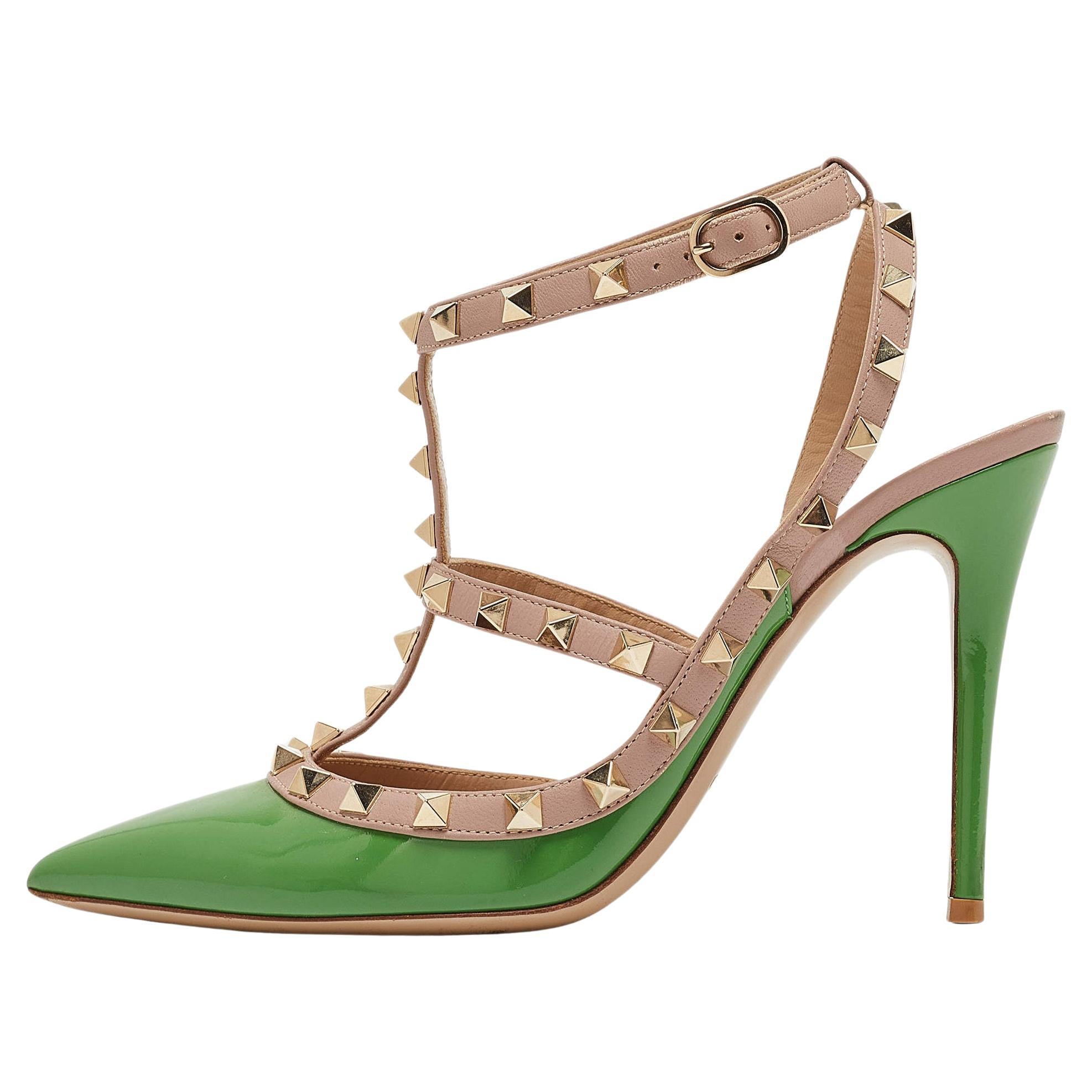 Valentino Green Patent Leather Rockstud Ankle Strap Pumps Size 39 For Sale