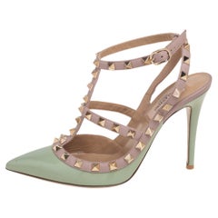 Valentino Green/Pink Patent Leather Rockstud Sandals Size 37