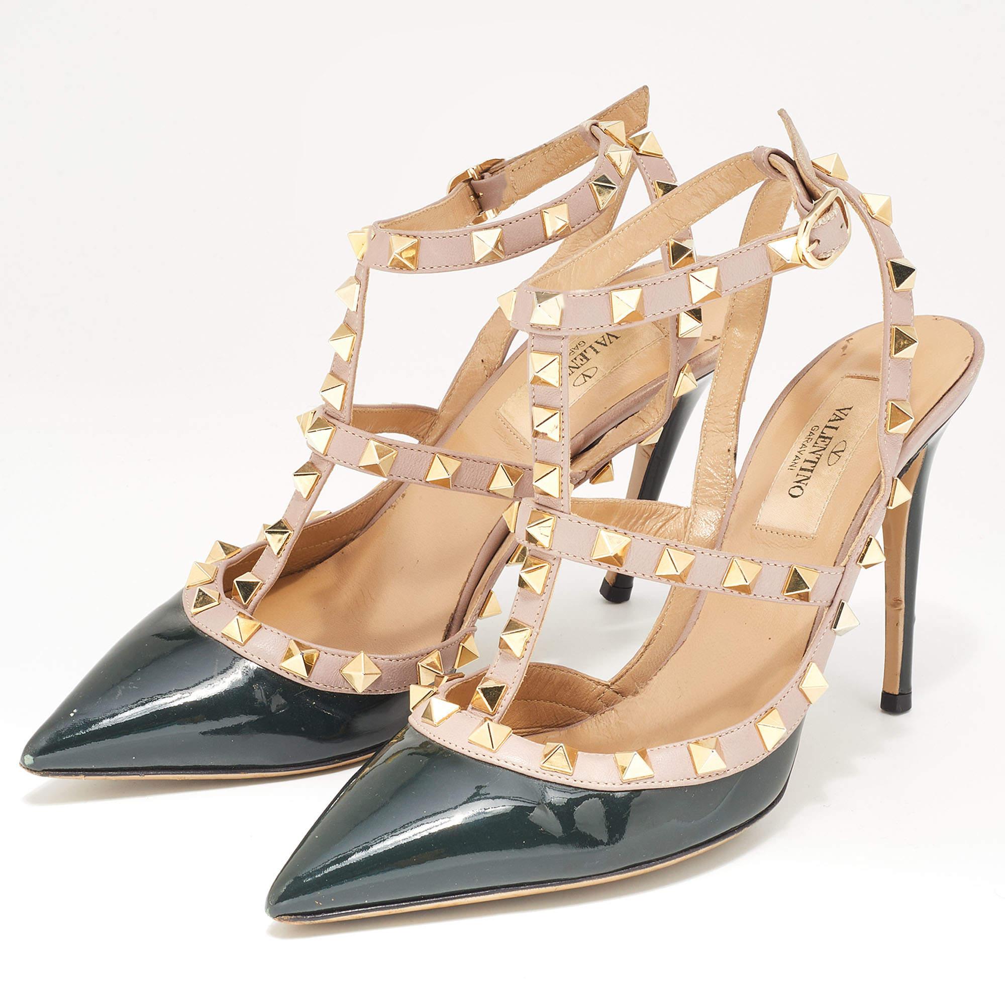 Beige Valentino Green/Pink Patent Leather Rockstud Strappy Pointed Toe Pumps Size 36