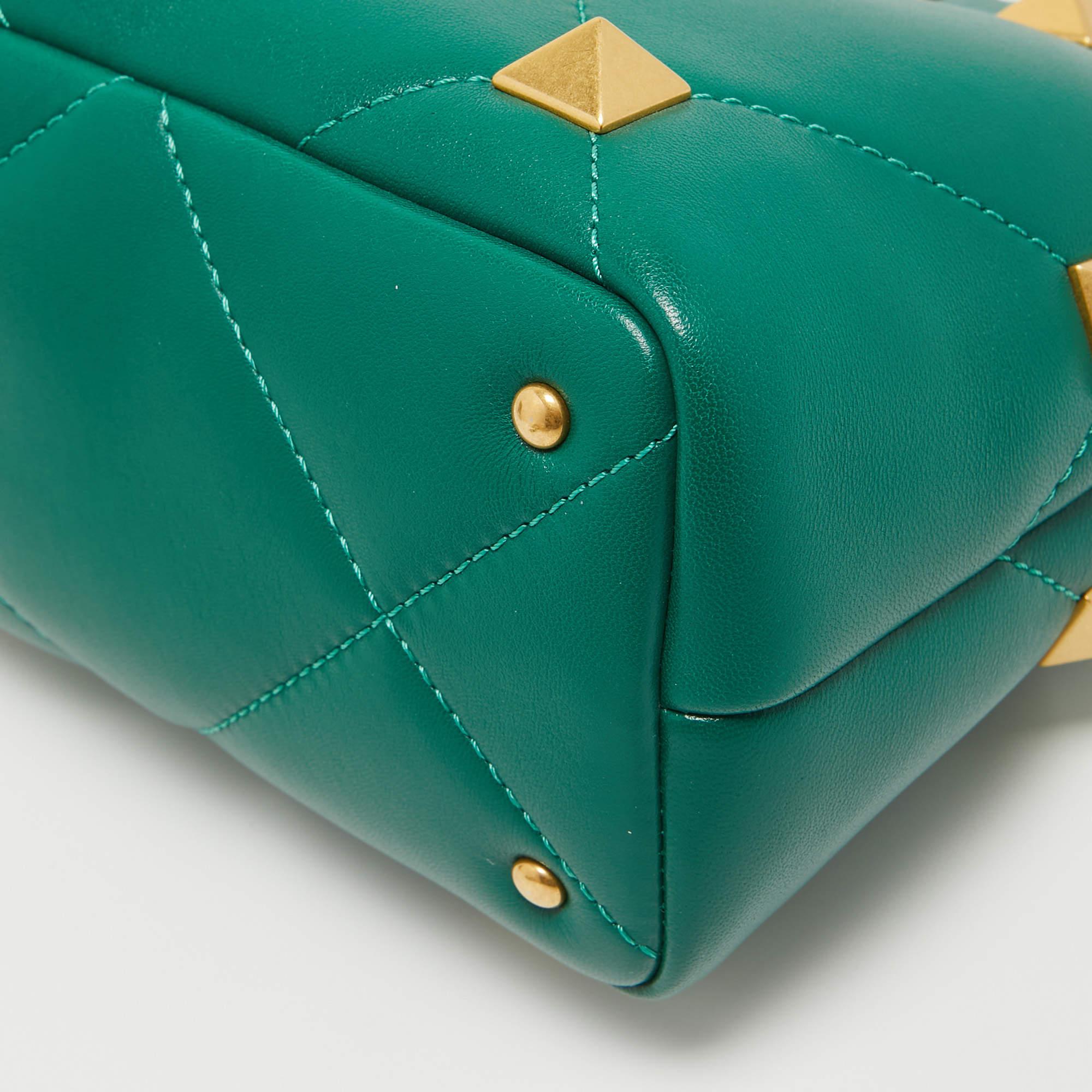 Valentino Green Quilted Leather Small Roman Stud Top Handle Bag 6