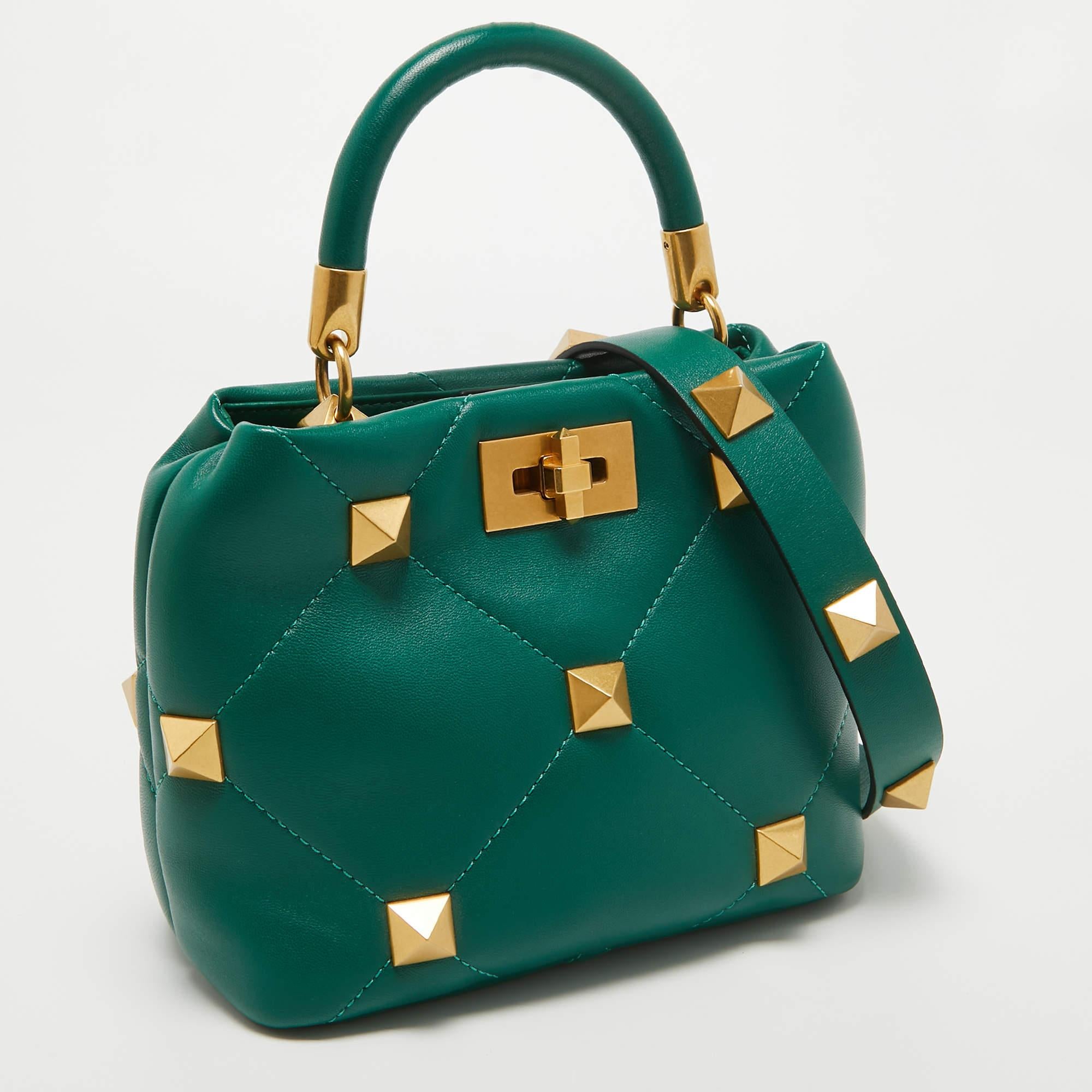 Women's Valentino Green Quilted Leather Small Roman Stud Top Handle Bag