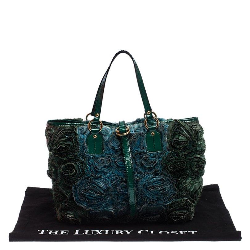 Valentino Green Silk and Patent Leather Organza Rosier Tote 6