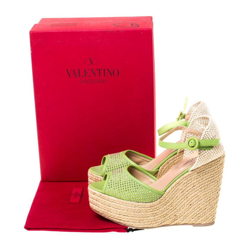 Valentino Green Studded Leather Espadrille Wedge Ankle Strap Sandals Size 39 2