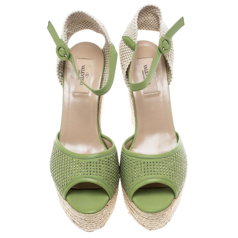 Beige Valentino Green Studded Leather Espadrille Wedge Ankle Strap Sandals Size 41