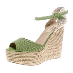 Valentino Green Studded Leather Espadrille Wedge Ankle Strap Sandals Size 41