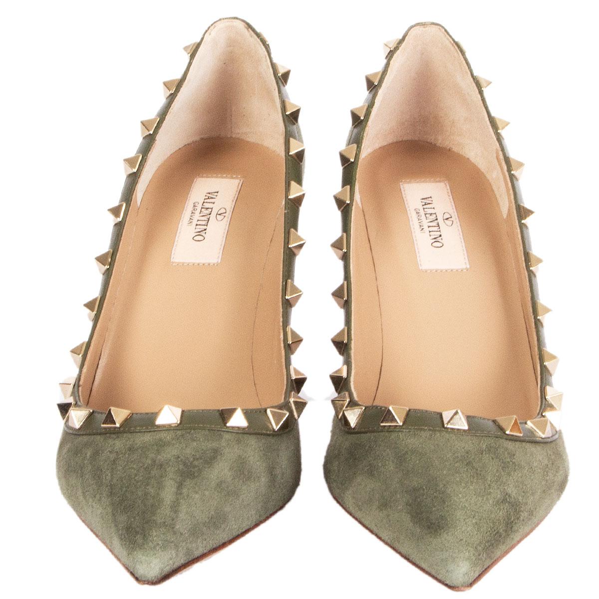 100% authentic Valentino Rockstud 85 pointed-toe pumps in olive green suede leather featuring light gold-tone signature studs. Brand new. Come with dust bag. 

Imprinted Size	39
Shoe Size	39
Inside Sole	26cm (10.1in)
Width	7.5cm (2.9in)
Heel	8.5cm