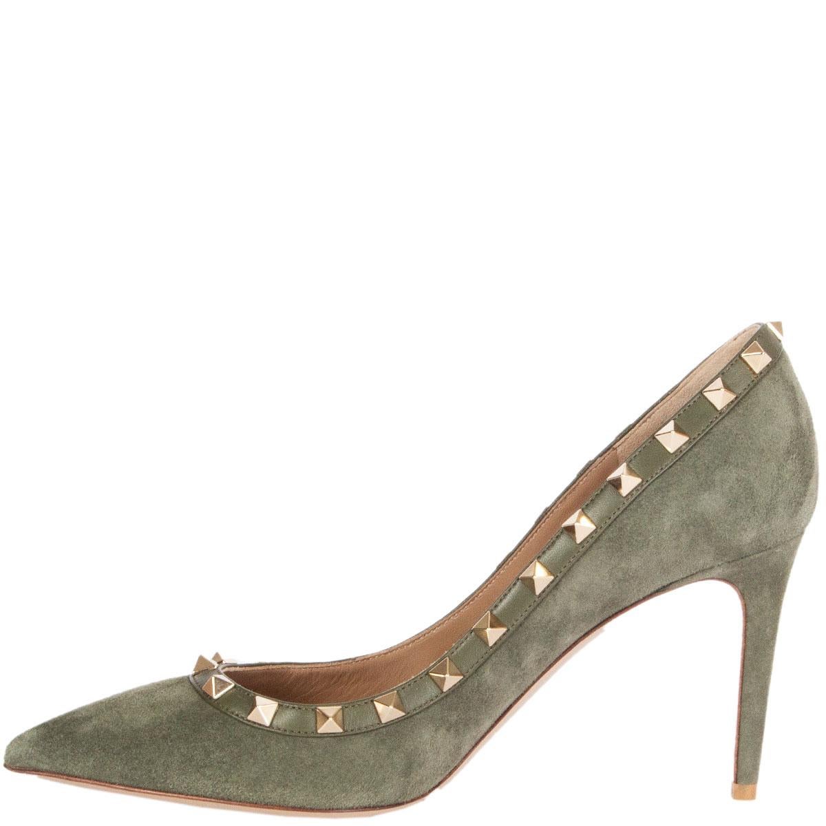 Brown VALENTINO green suede ROCKSTUD 85 POINTED-TOE Pumps Shoes 39