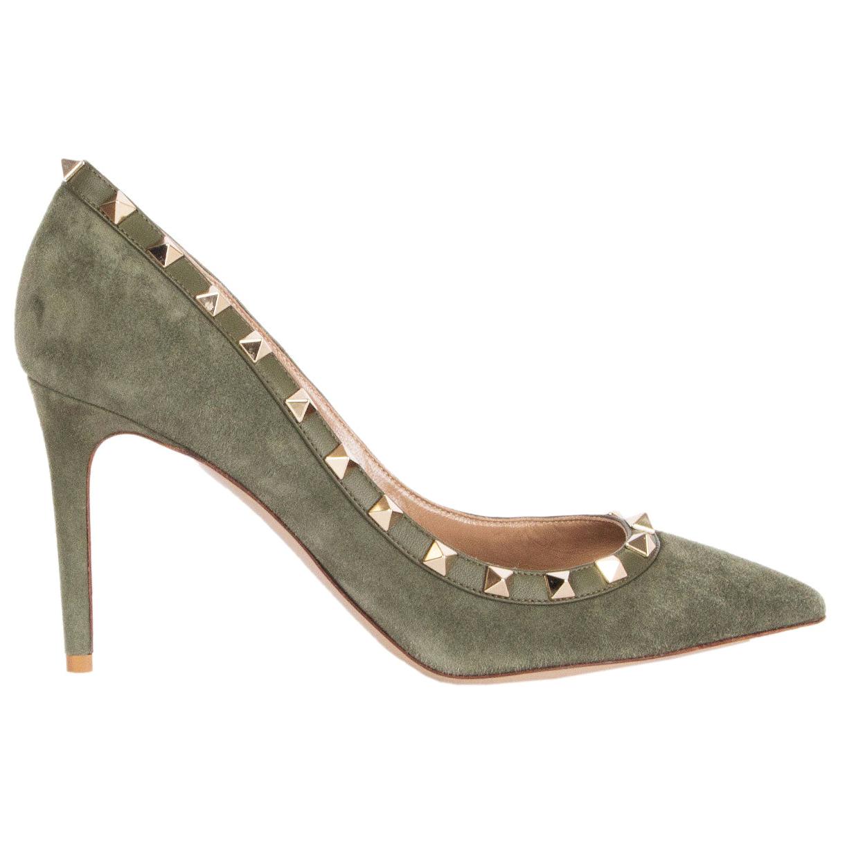 VALENTINO green suede ROCKSTUD 85 POINTED-TOE Pumps Shoes 39