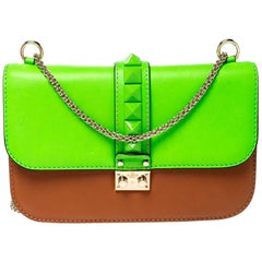 Valentino Green/Tan Leather Rockstud Medium Glam Lock Flap Bag