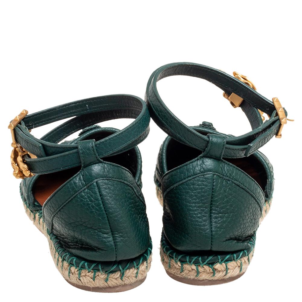 Black Valentino Green Weaved Leather Ankle Wrap Flat Espadrilles Size 40