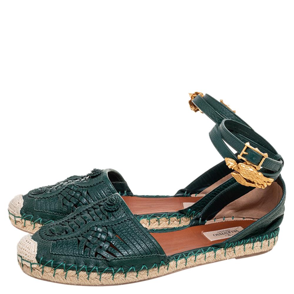 Valentino Green Weaved Leather Ankle Wrap Flat Espadrilles Size 40 1