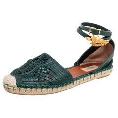 Valentino Green Weaved Leather Ankle Wrap Flat Espadrilles Size 40