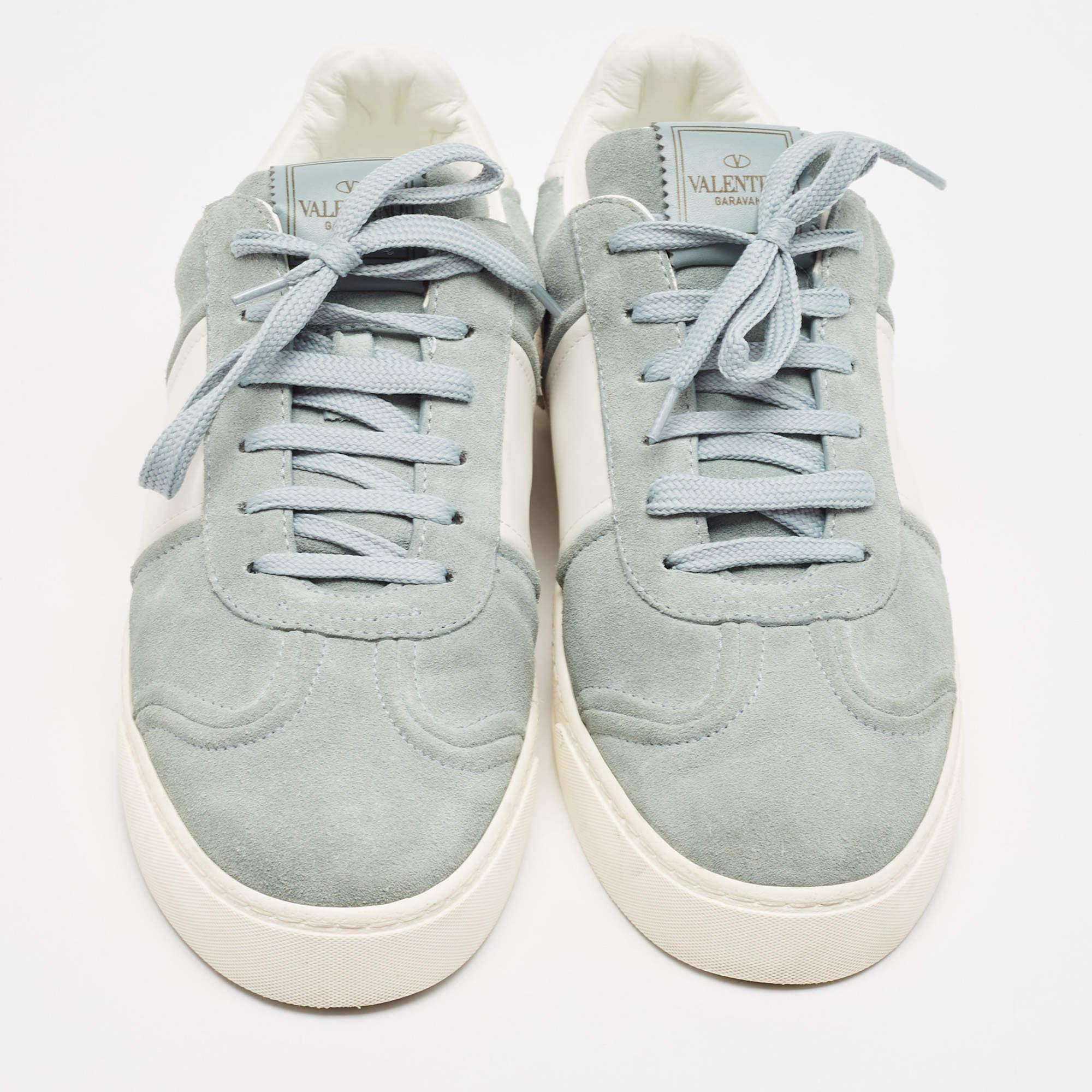 Gray Valentino Green/White Leather and Suede Flycrew Lace Up Sneakers Size 41