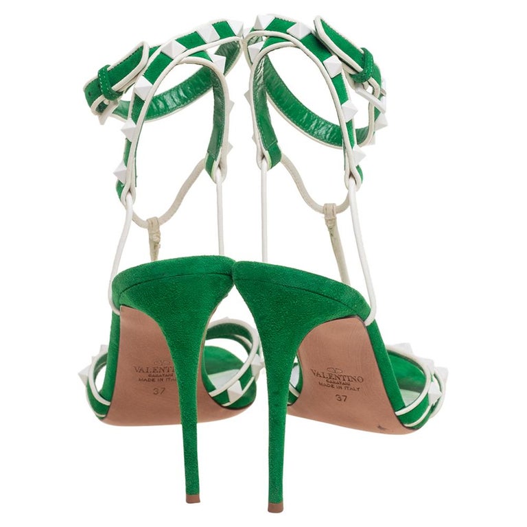 Valentino Green/White Suede Leather Rockstud Strappy Sandals 37 at 1stDibs