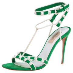 Valentino Green/White Suede And Leather Rockstud Strappy Sandals Size 37
