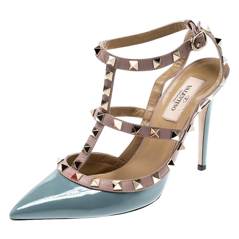 Valentino Grey And Beige Patent Leather Rockstud Ankle Strap Sandals ...