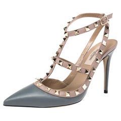 Valentino Grey/Beige Patent Leather Rockstud Ankle Strap Sandals Size 36.5