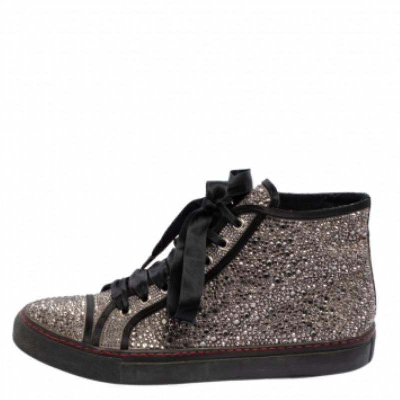 Valentino Grey/Black Embellished Satin High Top Sneakers Size 39.5 For Sale 1