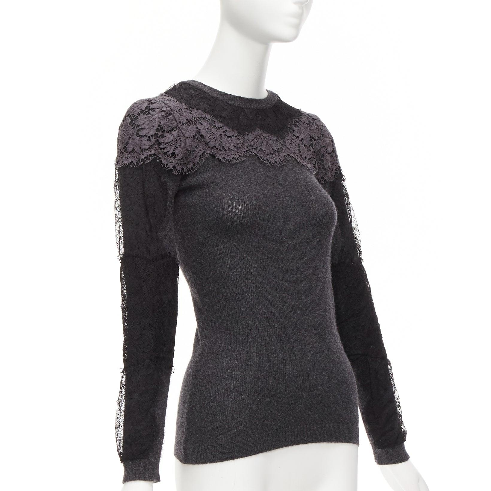 Women's VALENTINO grey black lace virgin wool cashmere crew neck sweater XS For Sale