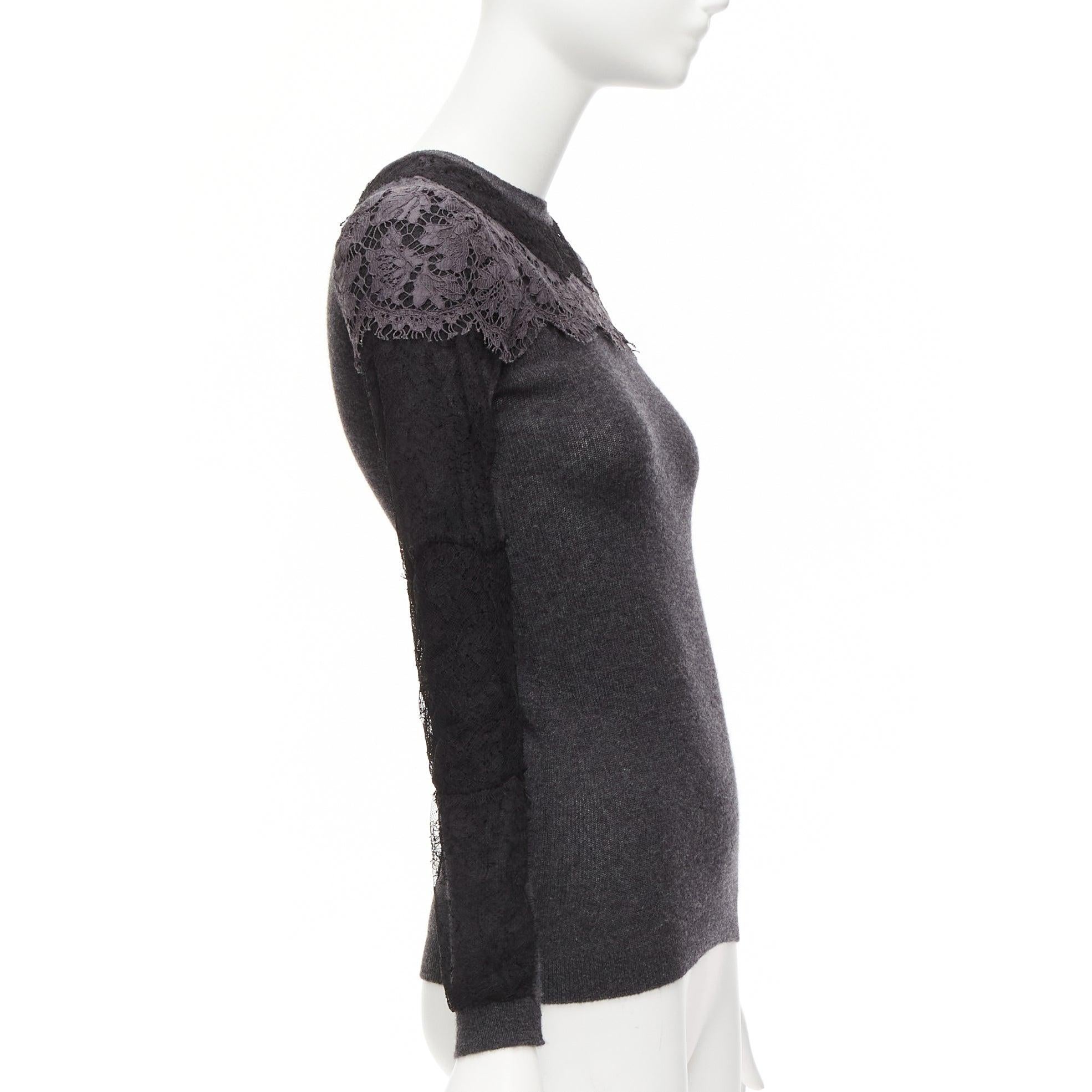 VALENTINO grey black lace virgin wool cashmere crew neck sweater XS For Sale 1