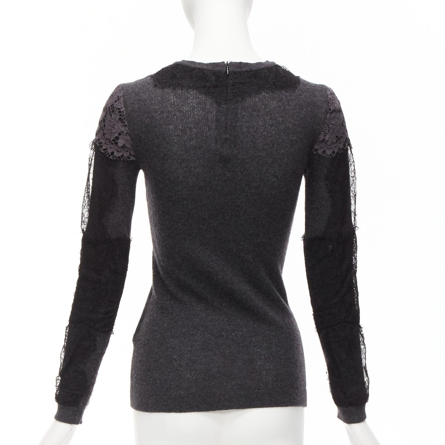 VALENTINO grey black lace virgin wool cashmere crew neck sweater XS For Sale 2