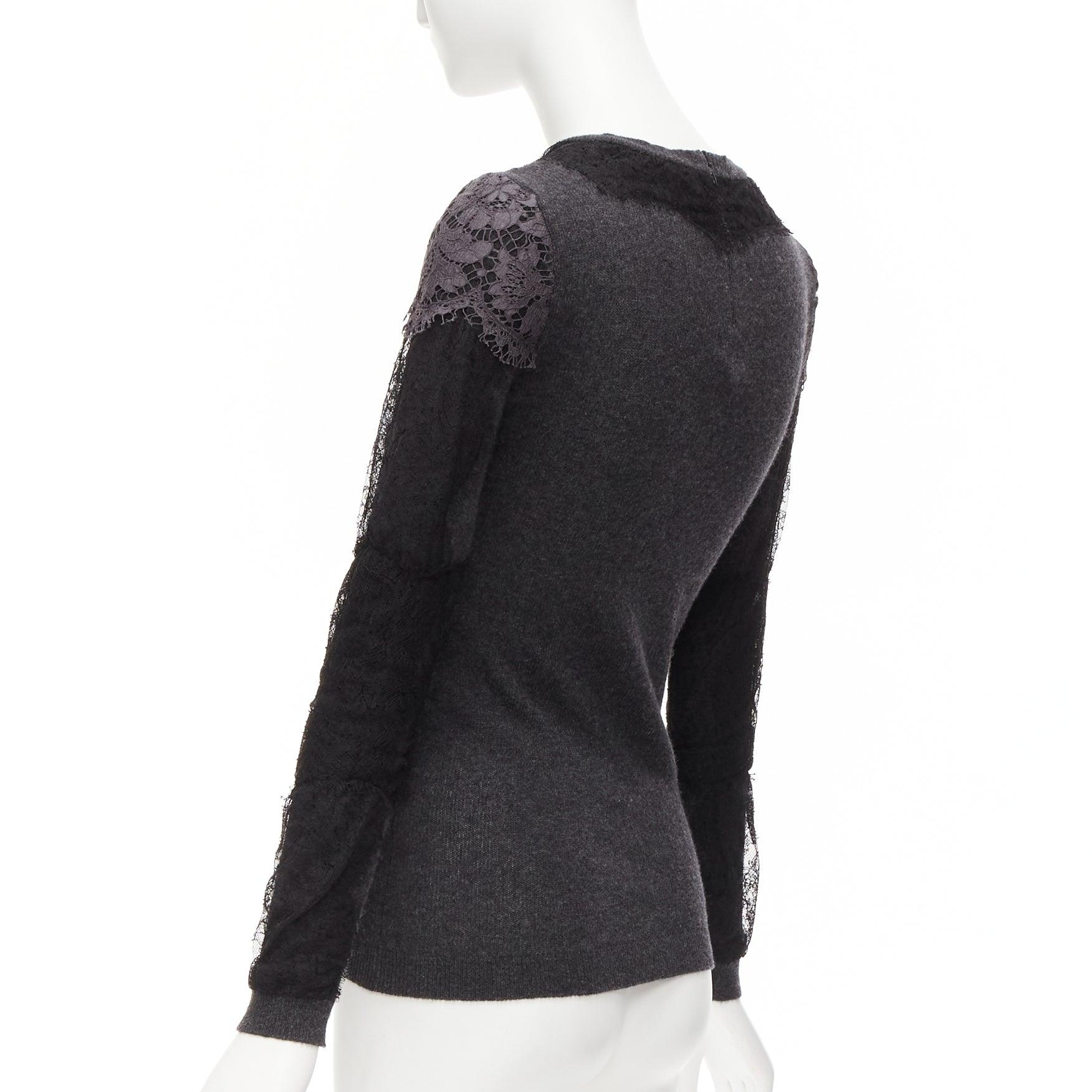 VALENTINO grey black lace virgin wool cashmere crew neck sweater XS For Sale 3