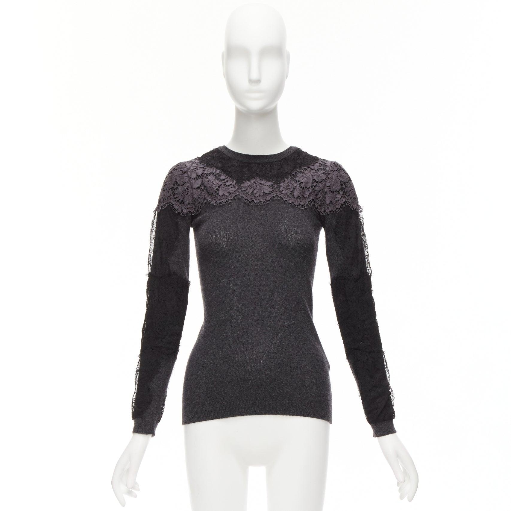 VALENTINO grey black lace virgin wool cashmere crew neck sweater XS For Sale 6