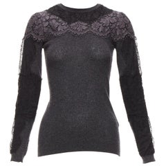 VALENTINO grey black lace virgin wool cashmere crew neck sweater XS