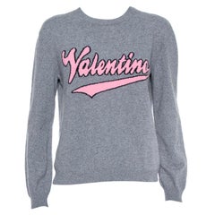 Valentino Grey Cashmere Blend Logo Intarsia Crewneck Sweater M