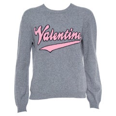Valentino Grey Cashmere Blend Logo Intarsia Crewneck Sweater M