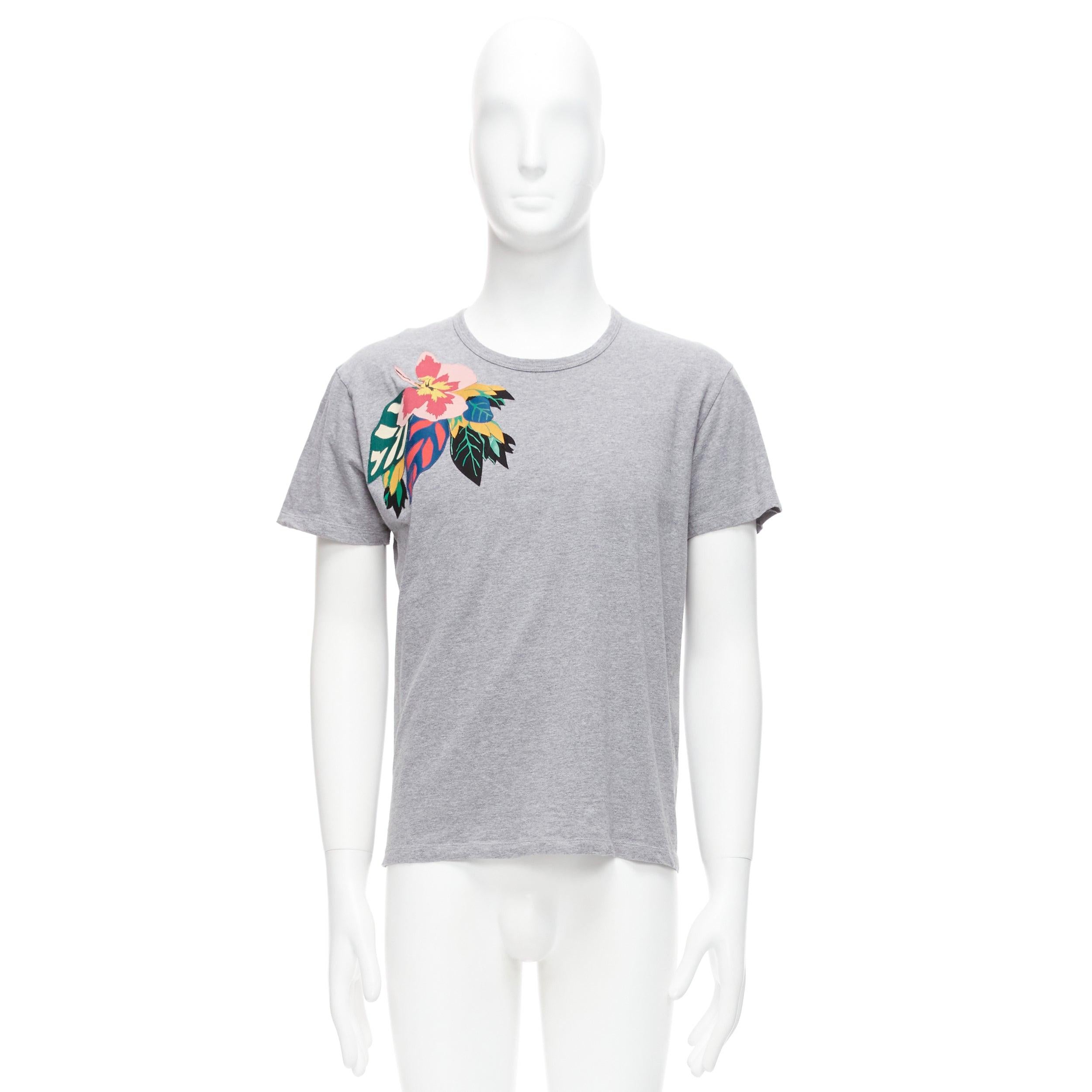 VALENTINO grey cotton multicolour Cuban Flower patch crew neck tshirt M For Sale 6