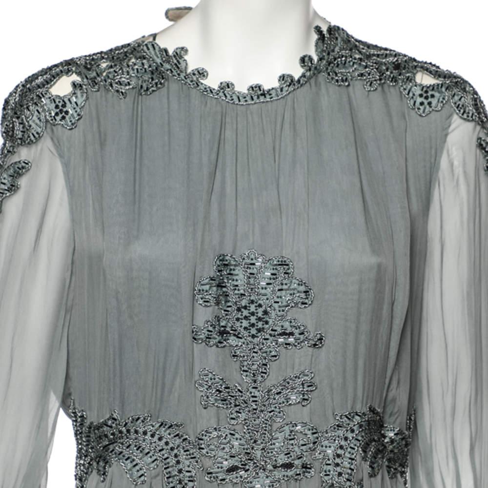 Gray Valentino Grey Crepe de Chine Silk Embellished Maxi Dress L For Sale
