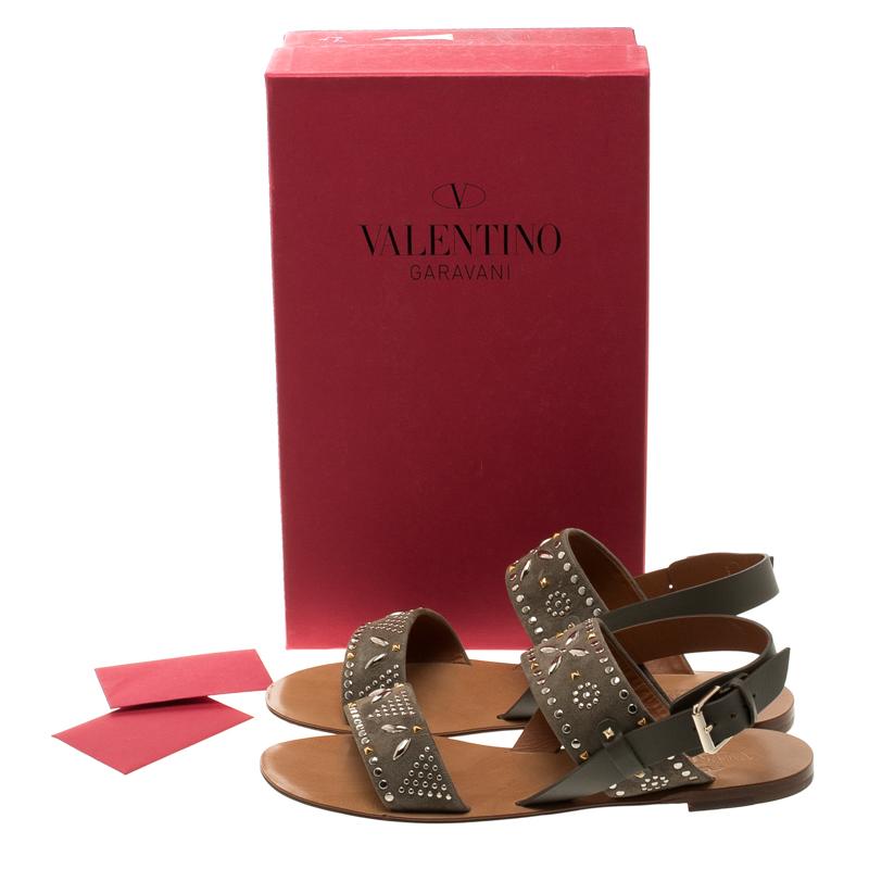 Valentino Grey Embellished Suede Flat Sandals Size 39.5 3