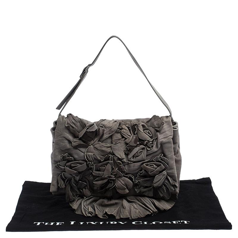 Valentino Grey Floral Applique Leather Flap Shoulder Bag 4