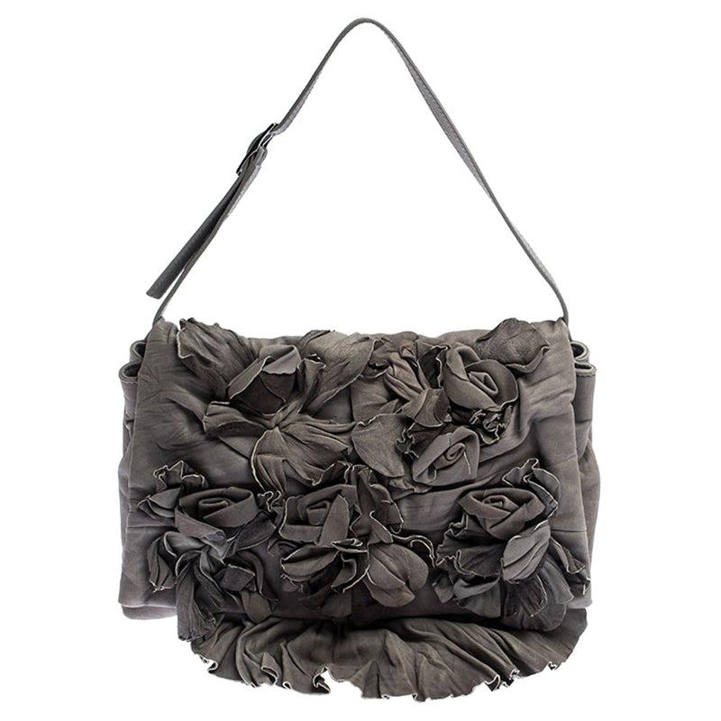 Valentino Grey Floral Applique Leather Flap Shoulder Bag at women's flower applique purse, valentino bag, valentino grey bag