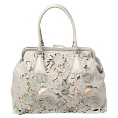 Valentino Grey Floral Cut Out Soft Leather Frame Satchel