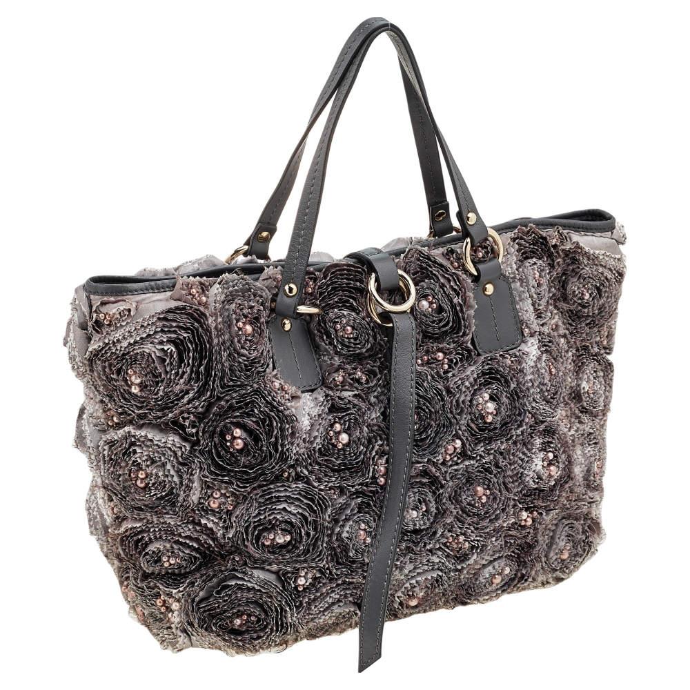 Women's Valentino Grey Leather And Silk Organza Pearl Embellished Rosier Tote